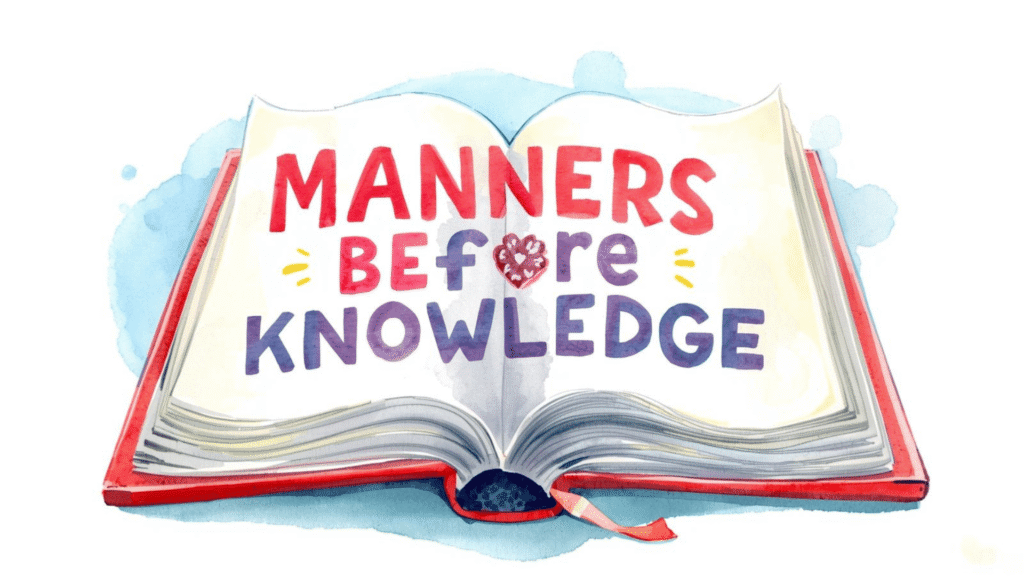 Buku terbuka bertuliskan Adab sebelum Ilmu