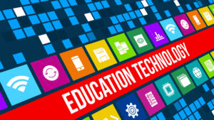 Ilustrasi education technology dengan ikon digital pembelajaran, teknologi pendidikan, dan inovasi e-learning.