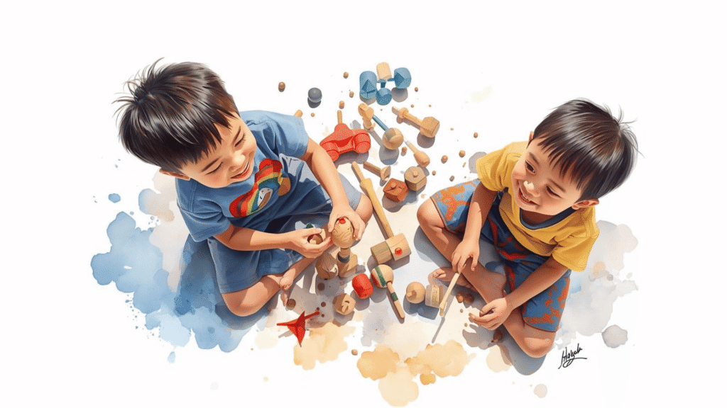 Anak-anak bermain mainan kayu dengan ceria