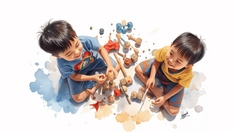 Anak-anak bermain mainan kayu dengan ceria