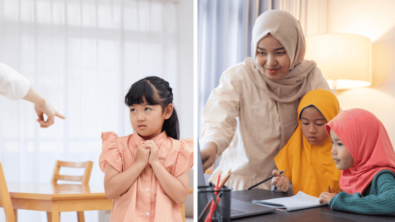 Anak yang mendapatkan pola asuh otoriter di kiri dan yang mendapat pola asuh disiplin positif di sisi kanan.