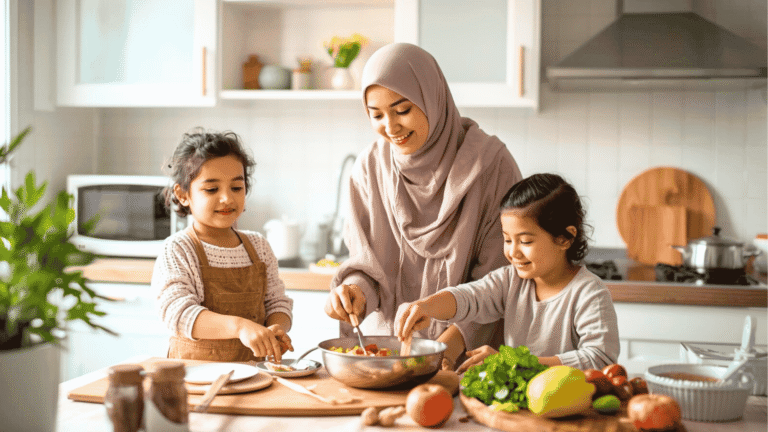 Seorang ibu yang memasak bersama anak-anaknya