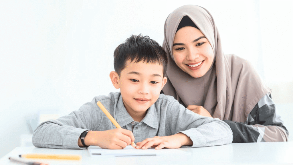 seorang ibu yang menemani anaknya belajar tanpa tekanan dan paksaan