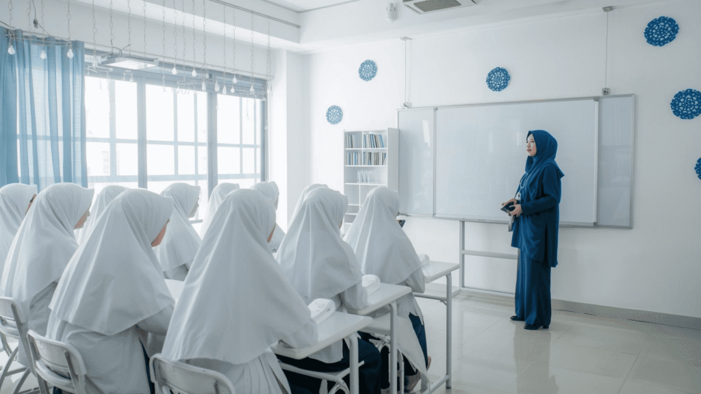 Suasana manajemen kelas di sebuah sekolah saat guru menjelaskan, murid memperhatikan dengan saksama